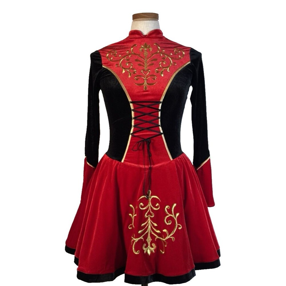 Revolution Irish Step Dance Dress Red & Black  Small Adult Velour Embroidery